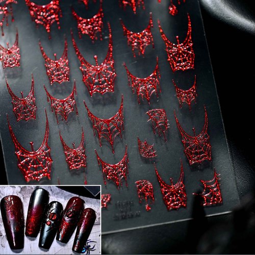 Dark Gothic Halloween Nail Stickers 3D Realistic Evil Spiders & Bloody Spider Web Self-Adhesive Nail Art Decoration for Women Girls Halloween Party