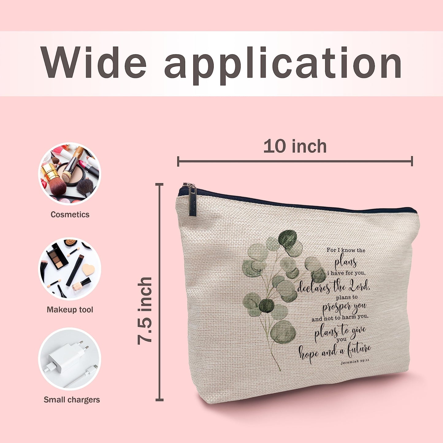 Nogrit Bible Scripture Jeremiah 29:11 for I Know the Plans I Have for You Watercolor Eucalyptus Leaf Makeup Cosmetic Bag,Christian Religious Linen Makeup Travel Toiletry Bag,Christian Gifts for Women