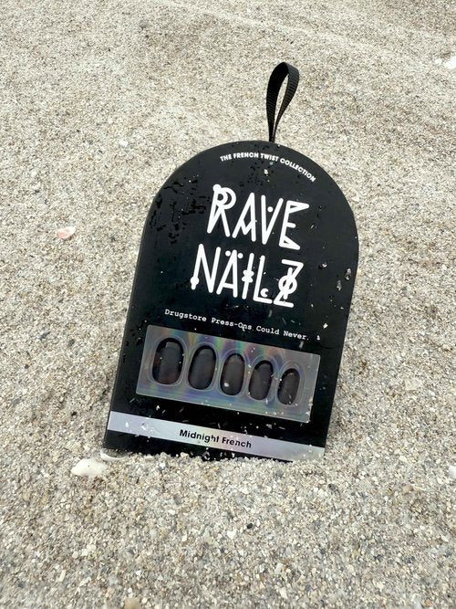 Rave Nailz Midnight French Tip Press On Nails (24 Count) | Matte Black 3D False Oval Press On Nail Short with Glossy Tip | Chip-Resistant Fake Nails with Glue, Includes File, Long-Lasting 2+ Weeks