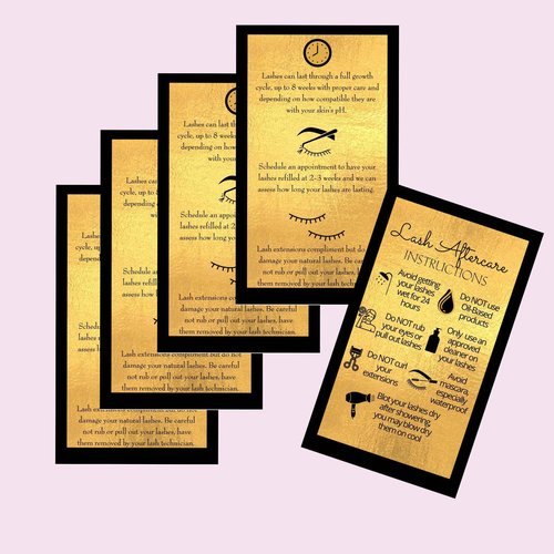 Lash Extension Aftercare Instructions Cards | 50 Pack | Double Sided Size 3.5 x 2" inches After Care (2-3 Week Fillers) | Black with Gold Look Design