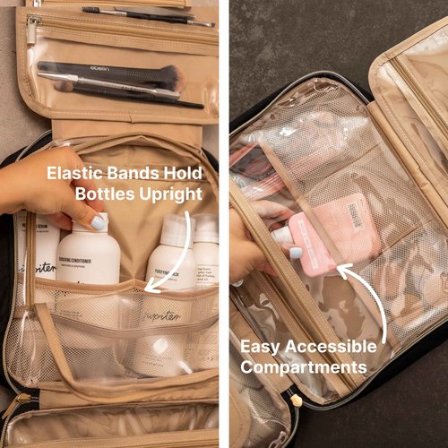Carrywell |Not Made In China| Hanging Toiletry Travel Bag For Women, Makeup Organizer Case, Water-Resistant Cosmetic Bag For Full-size Containers, Toiletries (Black, Medium)