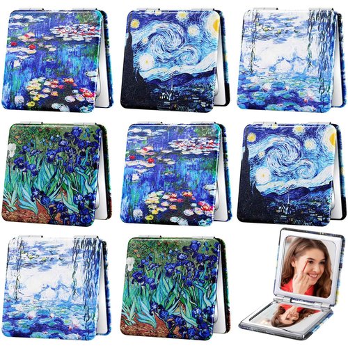Vercraft 8 Pcs Compact Mirror Double Sided Makeup Square PU Leather Portable Pocket Hand Mirror Bulk with 2X1X Magnification Art Gift for Woman