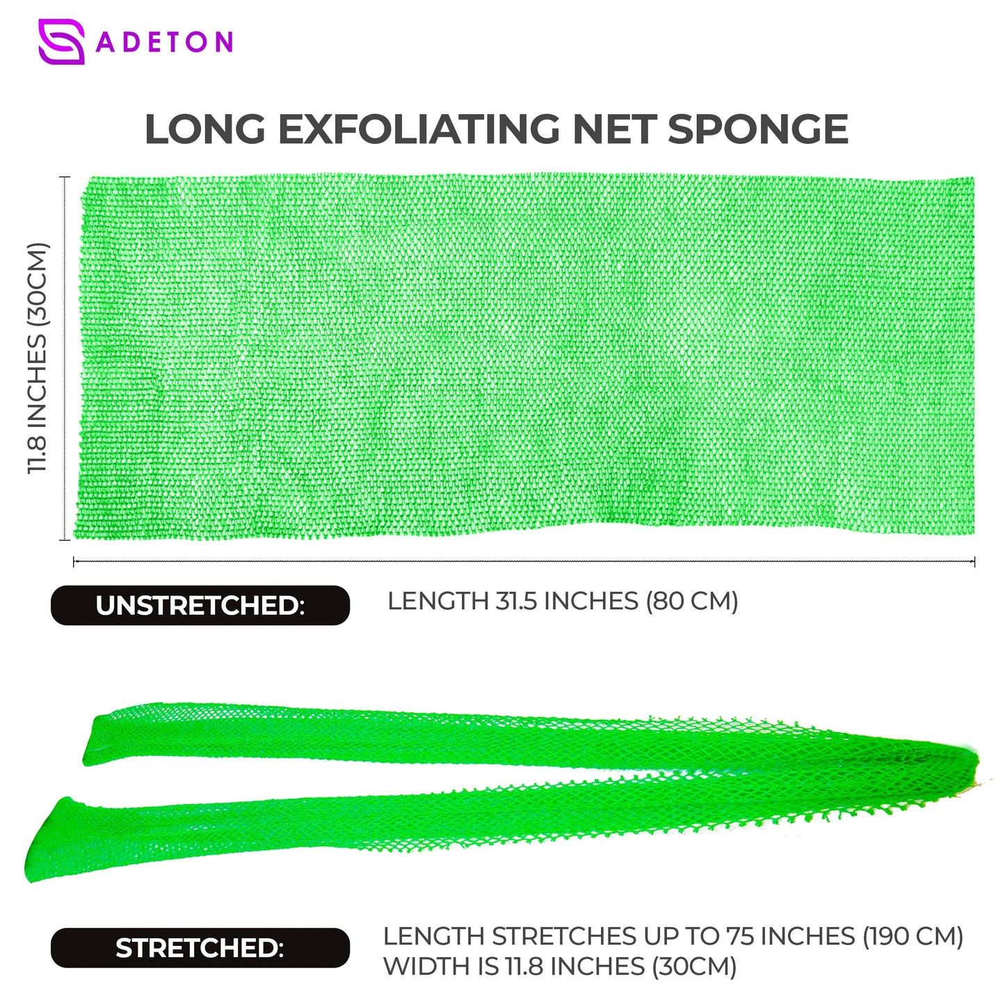 Adeton Sapo African Net Sponge, Exfoliating Body Scrubber, Body Exfoliator, Long Net Sponge, 17 Colors, Shower Bath Accessories, Back Foot Scalp Scrub, Flat Dead Skin Remover Body Wash (Green)