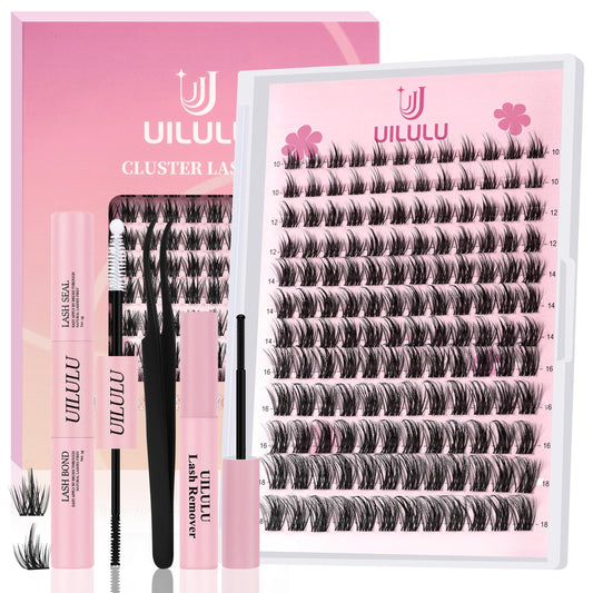 Uilulu Lash Clusters Kit 10-18mm Natural Lashes Clusters D Curl False Eyelash Clusters, DIY Lash Extension Kit with Lash Bond & Seal, Lash Glue Remover, Lash Tweezers(U06 Lash Kit)