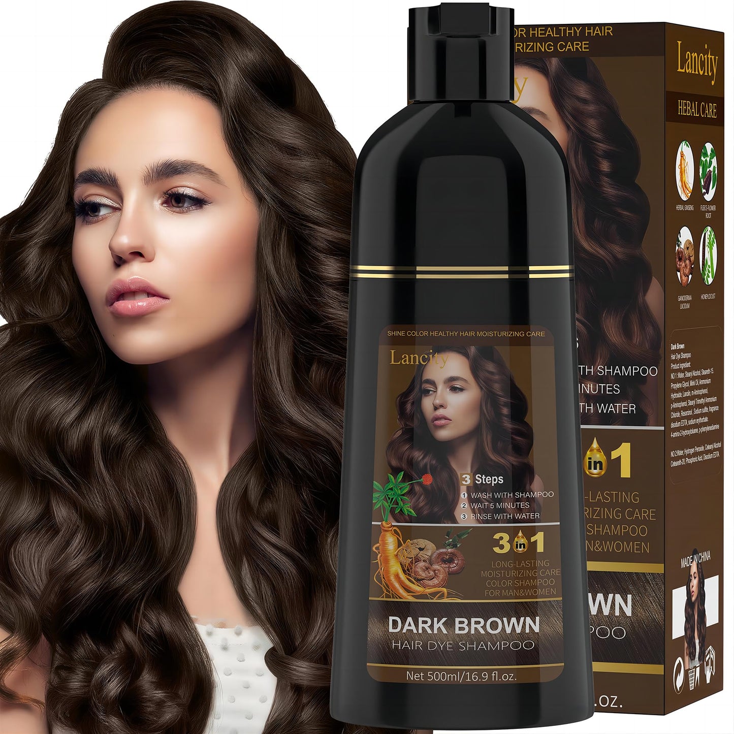 Hair Dye Shampoo 3-In-1 Hair Color Shampoo Instant Coloring Gray Hair Coverage Nature Herbal treated for Men and Women (500mL,17.6 Fl Oz) (Brown)