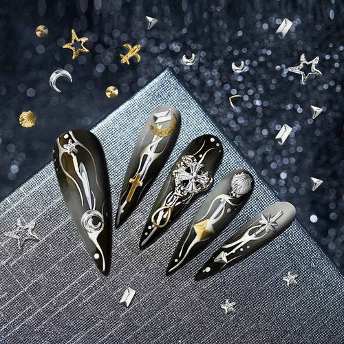 Madenia 600PCS 3D Nail Charms - Gold Silver Star Moon Shell Nail Gems DIY Crafts, Y2K Punk Metal Alloy Rivet Nail Studs for Nail Art Decorations Accessories
