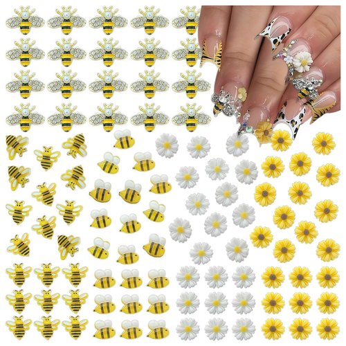 100PCS Nail Charms and Gems Gold Bee Yellow Flower for Nails Design，3D Daisy Y2k Nail Jewels Bulk Nail Art Decor Set