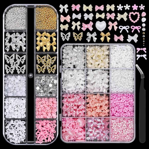 2 Boxes 3D Bow Nail Charms and Gems, Pink White Bows Flowers Heart Petals Nail Art Charms Gold Silver Alloy Bowknot Butterfly for Nails Flatback Pearls Rhinestones Caviar Beads for Women Nail Design