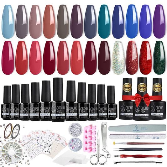 ORCHID FOX Gel Nail Polish Kit 24 Colors Gel Polish Set with Matte Top Coat Basecoat Nail Gel Nail Files and Buffers DIY Manicure Kit Gifts for Women (C-Candy)