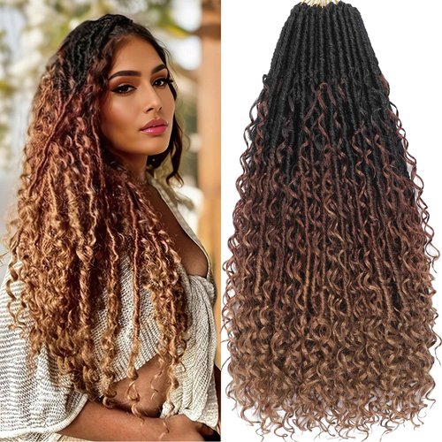 T1 30 27 Goddess Locs Crochet Hair Brown Blonde Ombre Pre Looped Braiding Hair 84 Strands Bohemian Faux Loc Boho Braids 30 Inch River Locs Dreadlocs Hair for Black Women
