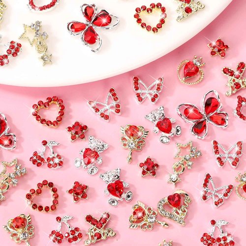 COOSLIM 24PCS Red Nail Charms Y2k Alloy Nail Art Rhinestone Charms 3D Heart Star Sailor Moon Nail Charms with Rhinestones Bear Cherry Nail Gems Shiny Jewelry Nail Decorations Supplies C