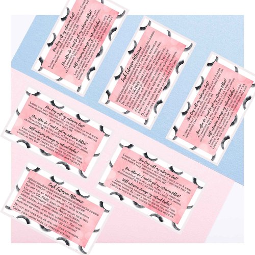 Boutique Marketing LLC Lash Extension Aftercare Instructions Card | 100 Pack | Size 3.5x2 inches After Care (2-3 Week Fillers) | False Lash print with Bubbly Pink Inlay Design (Lash Extension