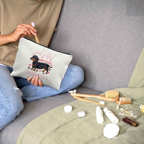 Nogrit Dachshund Makeup Bag Cosmetic Bag,Just a Girl Who Loves Dachshund Dof Makeup Travel Toiletry Bag,Dachshund Mom Gifts for women weiner dog decor weiner gifts