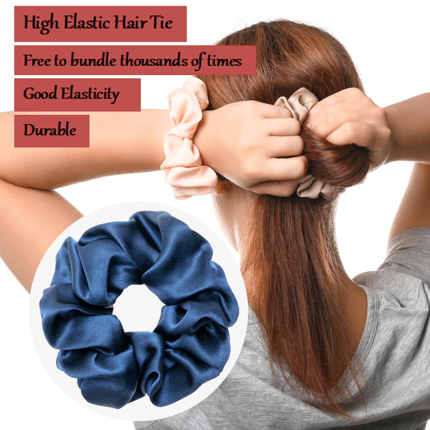 MurierSilk Silk Hair Scrunchies 100% Pure Mulberry Silk Hair Tie for Women Grils, Silk Elastic Ponytail Holder Hair Accessories, Silk Hair Wrap Prevents Hair From Frizz And Breakage (Navy Blue)