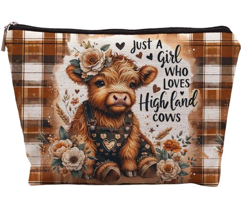 Uinwk Western Buffalo Plaid Makeup Bag, Highland Cow Gifts for Women, Cosmetic Pouch for Cow Lovers, Just a Girl Who Loves Highland Cows