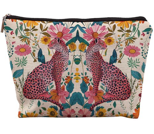 uinwk Floral Leopard Makeup Bag, Hot Pink Preppy Leopard Cheetah Makeup Bag, Preppy Stuff, Leopard Print Gifts for Women, Floral Cosmetic Bag Makeup Pouch