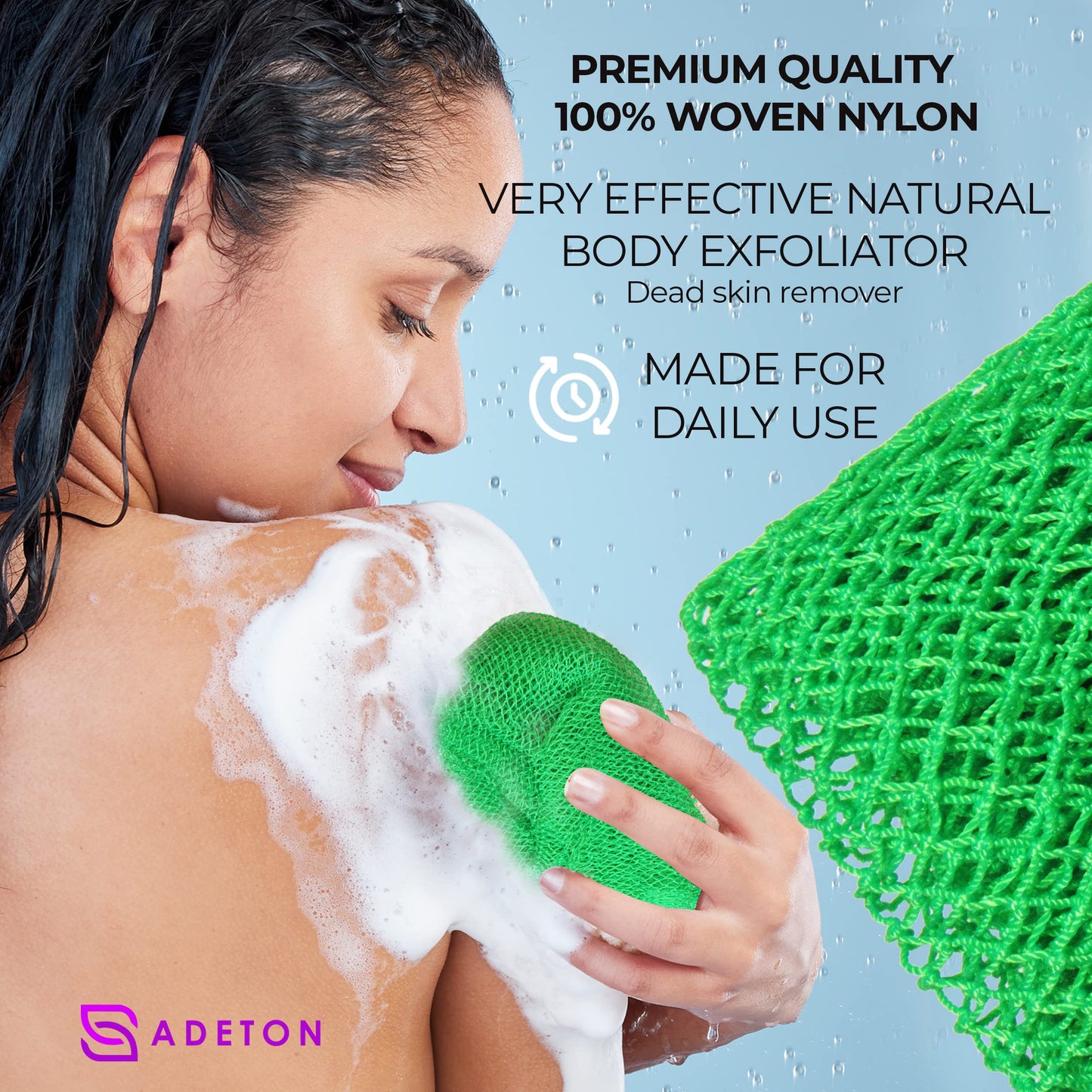 Adeton Sapo African Net Sponge, Exfoliating Body Scrubber, Body Exfoliator, Long Net Sponge, 17 Colors, Shower Bath Accessories, Back Foot Scalp Scrub, Flat Dead Skin Remover Body Wash (Green)