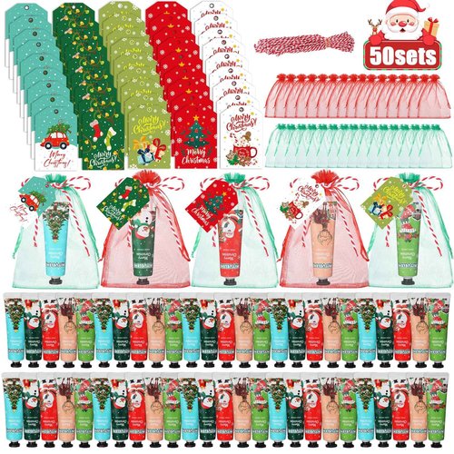 50 Sets Christmas Hand Cream Gifts Bulk for Women Hand Lotion for Dry Cracked Hands Travel Size Moisturizing Hands Care Cream with Organza Bag and Tag for Xmas Stocking Stuffers Winter Holiday Gift
