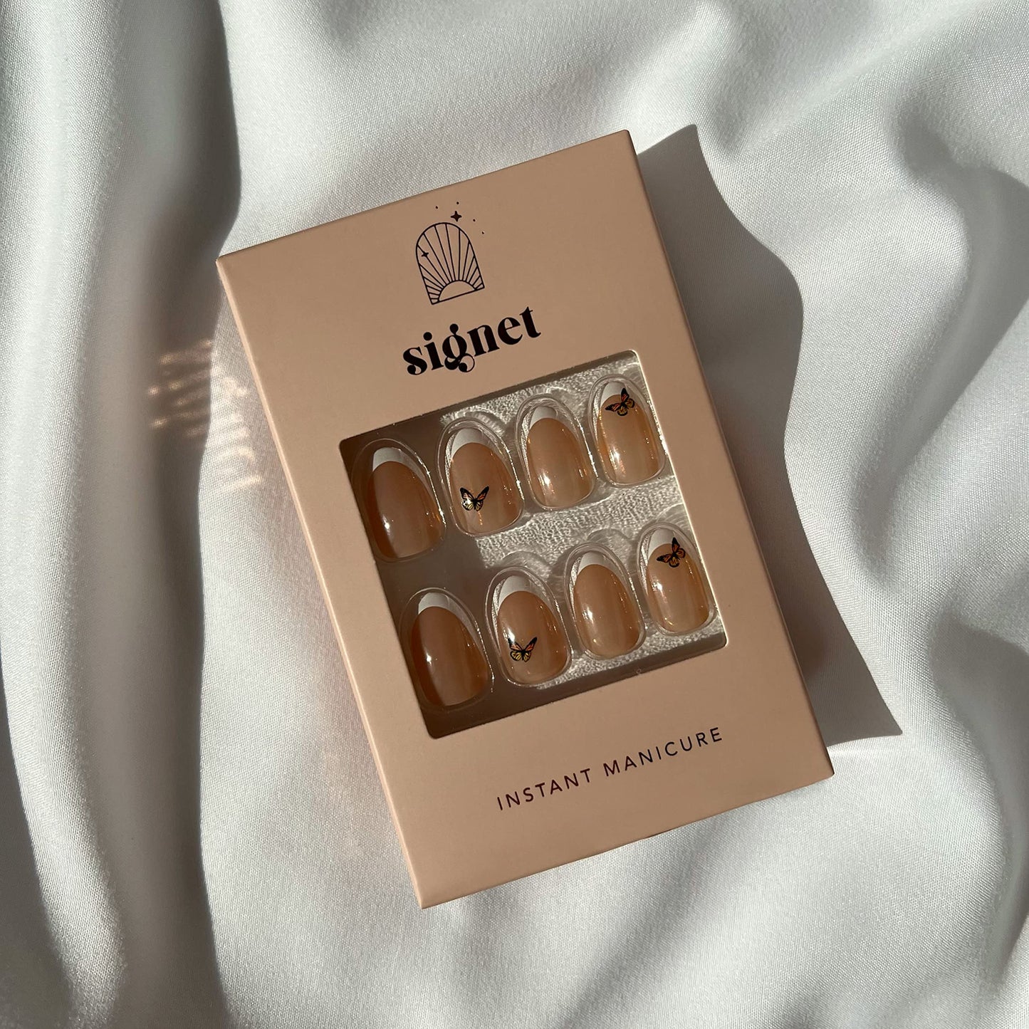 Signet Press On Nails - Flutter | Long Lasting Short Almond Nail Manicure Kit - Easy to Apply - Nail Kit includes 24 Nails in 12 Sizes, Nail Glue, Adhesive Gel Tabs, Nail File, & Cuticle Stick