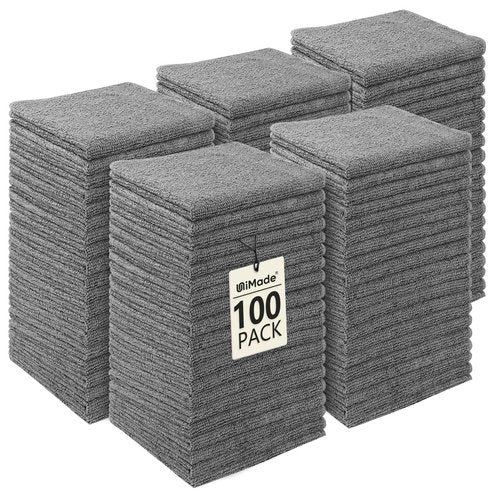UNIMADE Washcloths Bulk - 100 Pack - Face Towels (12" x 12"), Highly Soft Wash Cloths and Hand Towels, Fast Drying Multi-Purpose Microfiber Cleansing Cloths for Bathroom, Hotel, Spa, and Salon - Grey