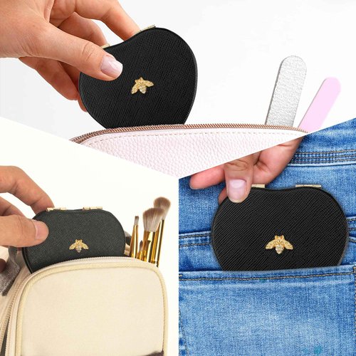 CAIRIAC Compact Mirrors, Leather Folding Travel Mirrors, Bee Double Sided Handheld Mirrors, Portable Heart Shape Makeup Mirrors Gift for Girls Women Mothers