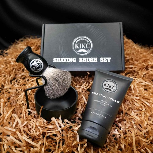 KIKC 5 in 1 Shaving Kit for Wet Shave, Set Includes Hand Crafted Pure Badger Shave Brush, Stainless Steel Lathering Soap Bowl, Shave Brush Stand, Shaving Cream, Best Gift for Bearded Man, Deluxe Black