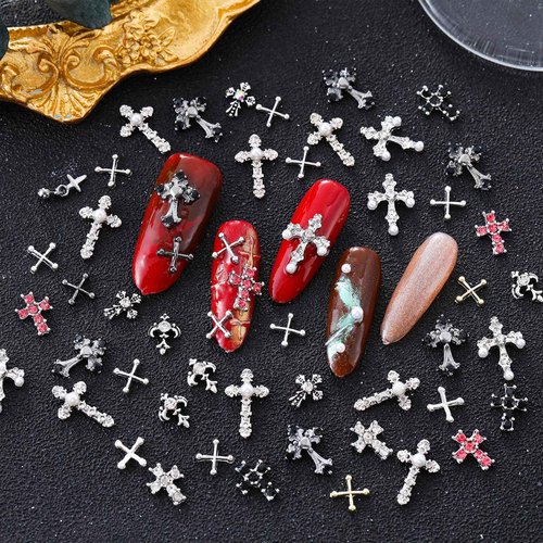 ZUMILLMN 100pcs Cross Nail Charms, 3D Nail Decorations for Nail Art, Pearl Gems Diamond Nail Decor, Metal Alloy Crystal Rhinestones Nail Studs for Women Girl DIY Jewelry Cellphone Crafts（100pcs）