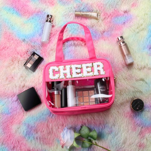 BuyCard Cheer Chenille Letter Bags Clear Makeup Bag for Travel, Cheerleader Gifts Cosmetic Bag with Handles and Zipper, Nylon & PVC Waterproof Large Cheer Accessories Toiletry Bag for Women