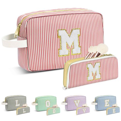 DOSUKE Travel Makeup Bag Christmas Gifts for Women Girl Teens, Personalized Initial Makeup Bag for Cute Teen Girls, Preppy Stuff Toiletry Bag Cosmetic Bag, Teen Girls Gift Trendy Stuff, Letter M