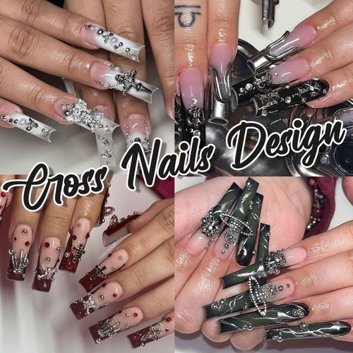 3D Nail Gems and Rhinestones Glitter Ab Flatback Rhinestones Metal Cross Heart Nail Star Gothic Nail Charms with Pickup Pen Tweezers