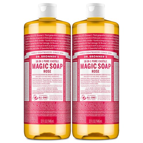 Dr. Bronner's Pure-Castile Magic Liquid Soap (Rose, 32 Ounce, 2-Pack)- Made with Regenerative Organic Certified Oils, 18-in1 Uses: Face, Hair, Hand & Body Soap, Laundry, Pets- Concentrated, Vegan