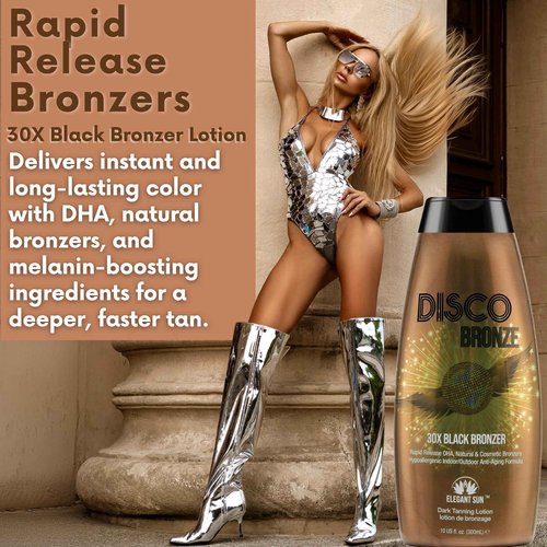 Disco Bronze Tanning Lotion with Bronzer – Bronzing Accelerator 30X DHA Indoor/Outdoor Tanning Bed Lotion for Men & Women, DHA Self Tanner, Skin Firming Ingredients, Hypoallergenic, Get Dark Fast