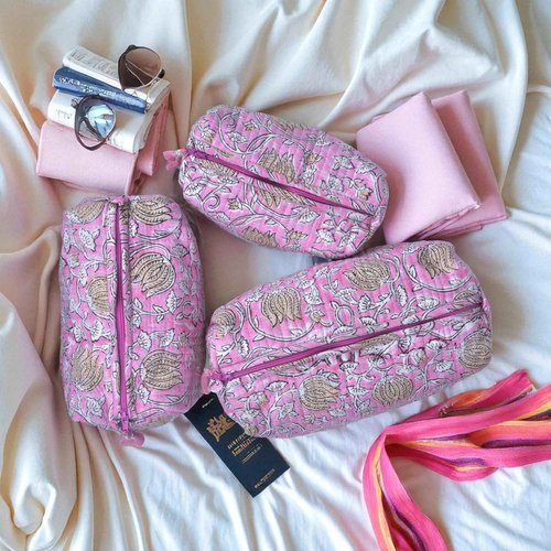 Vivanta Quilted Makeup Bag Set 3 Pcs – Travel Toiletry Bag for Women, Small Cosmetic Bags, Toiletries Organizer, Make Up Travel Pouch, Portable Toiletry & Floral Block Print Makeup Bags for Travel