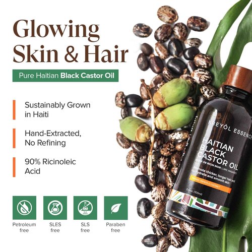 Kreyol Essence - Haitian Black Castor Oil for Skin and Hair, Glass Bottle - Cold Pressed, Hexane Free, Fuller-Looking Hair, Natural Humectant, Mango Papaya & Coconut, 3.4 Fl Oz