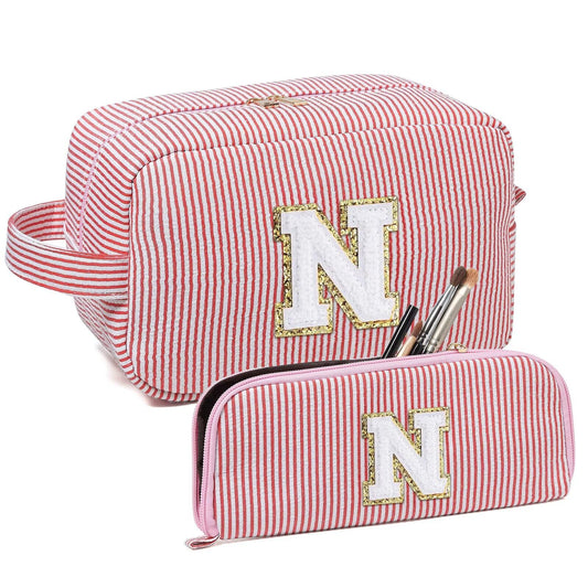 Avgiedy 2Pcs Makeup Bag, Cute Cosmetic Bag, Personalized Initial Preppy Large Capacity Travel Makeup Bag Organizer, Makeup Bag is for Mother, Wife, Friends Birthday, Valentine's Day Gifts-Pink