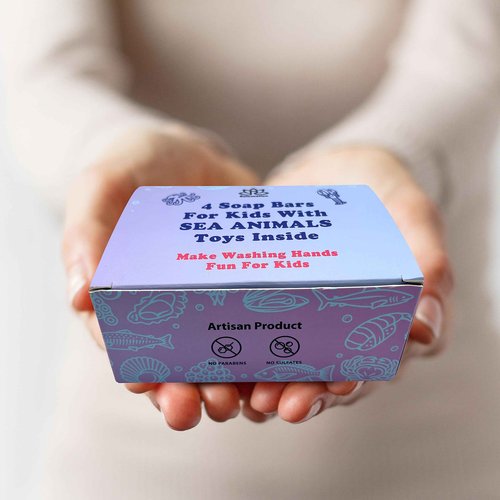4 Natural Kids Soap Bars For Kids with SEA ANIMALS TOYS Inside for Hand, Face, and Body Wash - Natural Soaps with Surprise Packed in a Gift Box - MADE IN USA