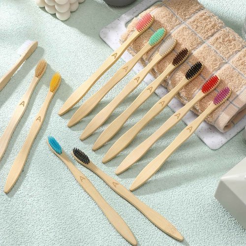 Sieral 120 Pcs Bamboo Toothbrushes Bulk Soft Bristle Individually Wrapped Travel Toothbrush Natural Wooden Tooth Brush for Homeless Kid Adult Home Travel Use, 7.5 Inch, 12 Colors (Letter)