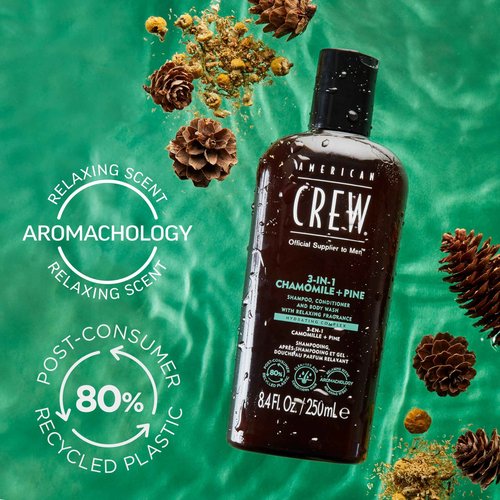 AMERICAN CREW 3-in-1 Chamomile & Pine, Shampoo, Conditioner & Body Wash for Men, Hair Care Gift for Him, Calming and Relaxing Fragrance, 33.8 fl oz