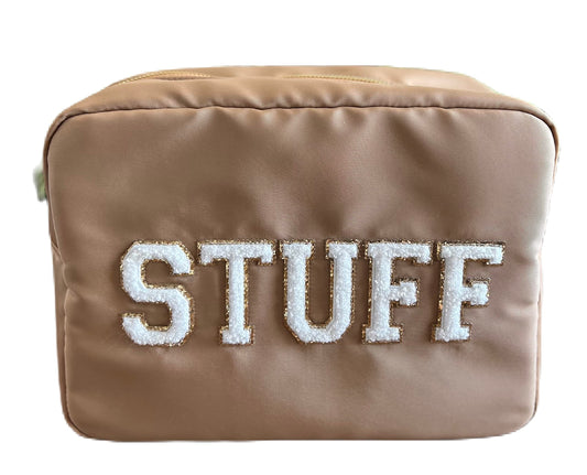 SkyTen Chenille Letter Make Up Bag Nylon Cosmetic Case Stuff Glam Stoney Clover Dupe Travel Organizer (Camel, X-Large)