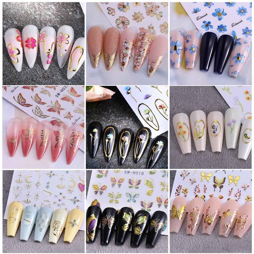 Flower Nail Art Stickers Decals 15 PCS Pink Flower Stickers for Nails with Tweezers 3D Self-Adhesive Summer Cherry Blossom Butterfly Florals Decals Tropical Nail Art Design Decoration for Women