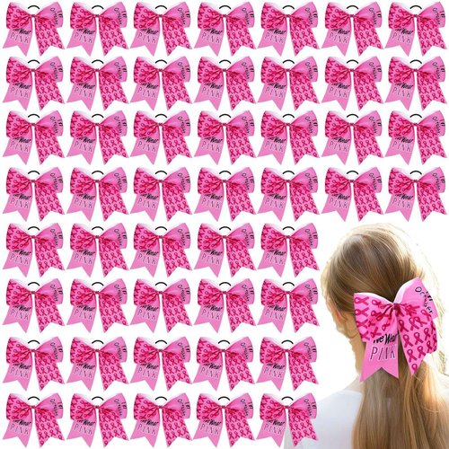 Suncalla 48 Pcs 7 Inches Breast Cancer Awareness Cheer Hair Bows Large Pink Ribbon Bow Scrunchie Glitter Hair Accessories Breast Cancer Awareness Decoration Elastic Scrunchie Band for Women