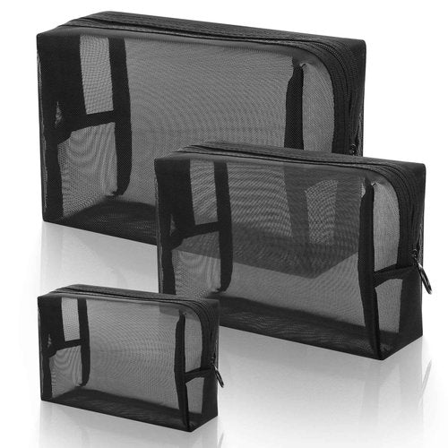 Wanmu 3Pcs Mesh Makeup Bags, Mesh Cosmetic Bag, Portable Toiletry Bag, Travel Organizing Zipper Pouch, Toiletries Makeup Pouches, Black Breathable Mesh for Home Office Travel Accessories