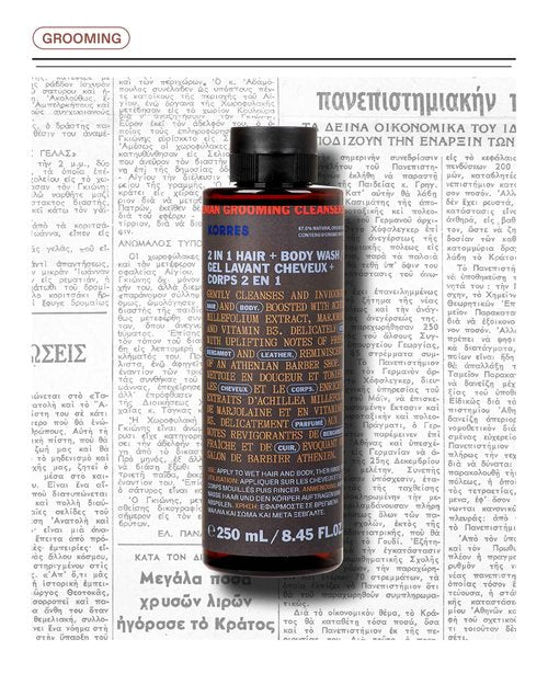 KORRES Athenian Grooming 2-in-1 Men’s Shampoo & Shower Gel, Moisturising & Detangling Formula, Achillea Millefolium & Marjoram Extracts, Bergamot & Leather Scent, Silicone & Paraben Free, 8.45 Fl Oz