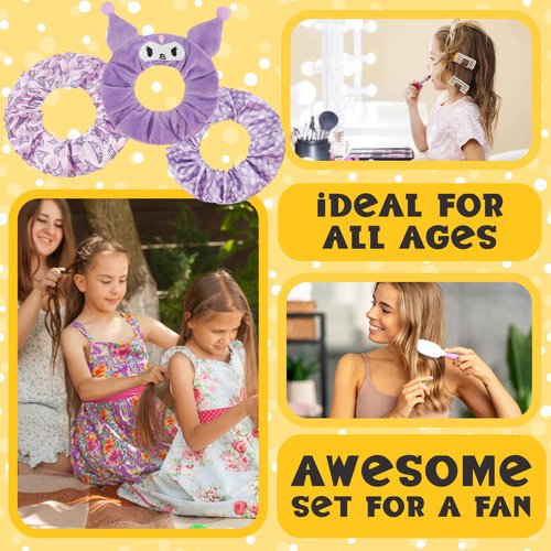 Hello Kitty Sanrio Hair Brush & Scrunchies Set for Girls, Teens, Women, Kuromi, Cinnamoroll Cute Stuff, Detangler Brush, Kawaii Gifts for Her (Kuromi Brush & Scrunchies)