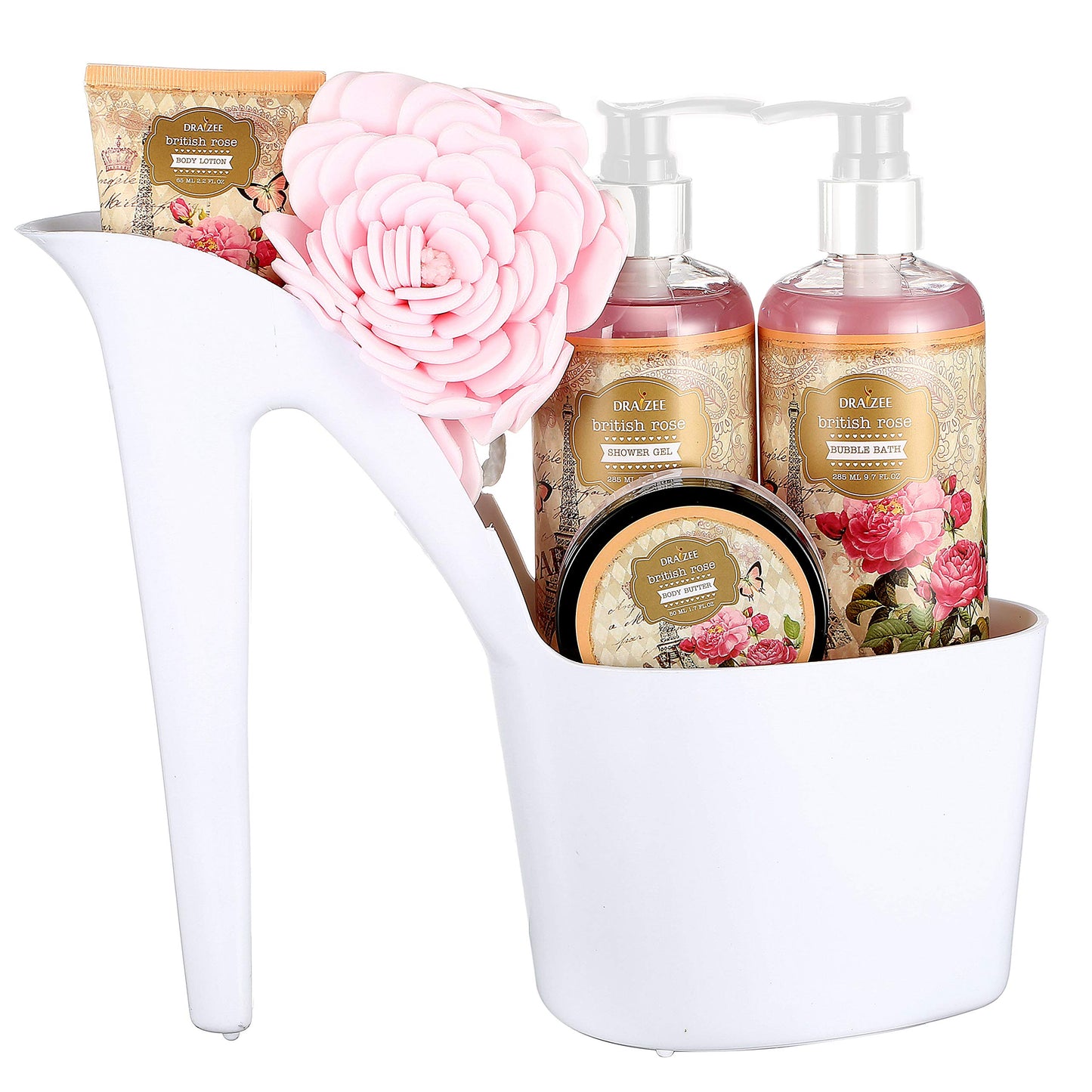 Spa Gift for Women - 5 Pcs Luxury Heel Shoe Spa Basket for Women Rose Scented Home Relaxation Set w/ Body Lotion & Butter, Shower Gel, Bubble Bath - Birthday, Self Care Gifts for Women by Draizee