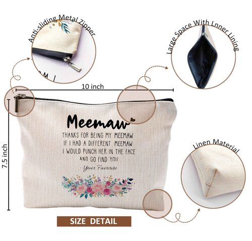 QGFM Funny Meemaw Gifts Makeup Cosmetic Bag - Memaw Mothers Day Gift, Memaw Grandma Gifts from Grandkids, Memaw Birthday Gifts, Best Grandma Gifts, Meemaw Floral Small Makeup Bag for Purse