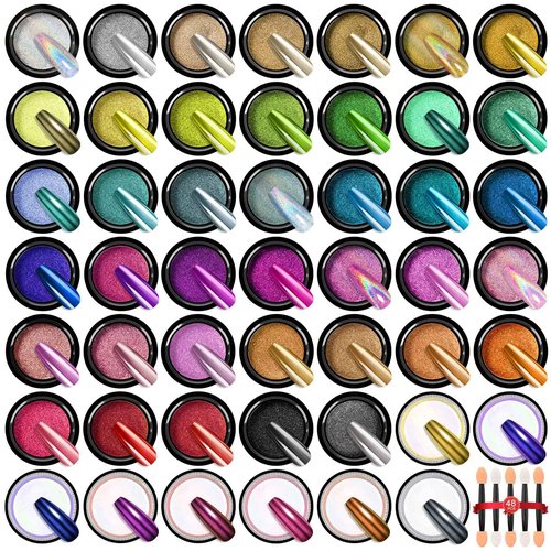 SAVILAND Chrome Nail Powder Set: 48 Colors Metallic Mirror Effect Chrome Nail Powder for Gel Polish Aurora Holographic Silver Gold Nail Chrome Powder for Gel Nails Art Decoration & French Manicure DIY