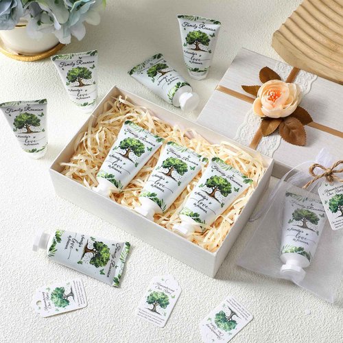 Dansib 60 Sets Family Reunion Favors Hand Lotion Cream Gifts Bulk Family Reunion Game Decorations with Card Organza Bags for Table Centerpieces Party Decor