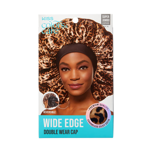 KISS Colors & Care Silky Satin Wide Edge Double Wear Cap, Super Jumbo, Leopard, Double Sided Reversible Designs, Premium Charmeuse Fabric, Retains Moisture & Styles, Slip-Free, Comfortable & Durable Overnight Hair Bonnet For All Hair Types