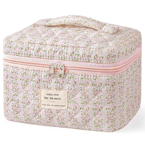 HBselect Christmas Gifts Large Quilted Makeup Bag, Cute Cotton Travel Makeup Bag with Handle, Portable Coquette Floral Make up Bags, Toiletry Organizer Make up Bags for Women Teen Girls Mom
